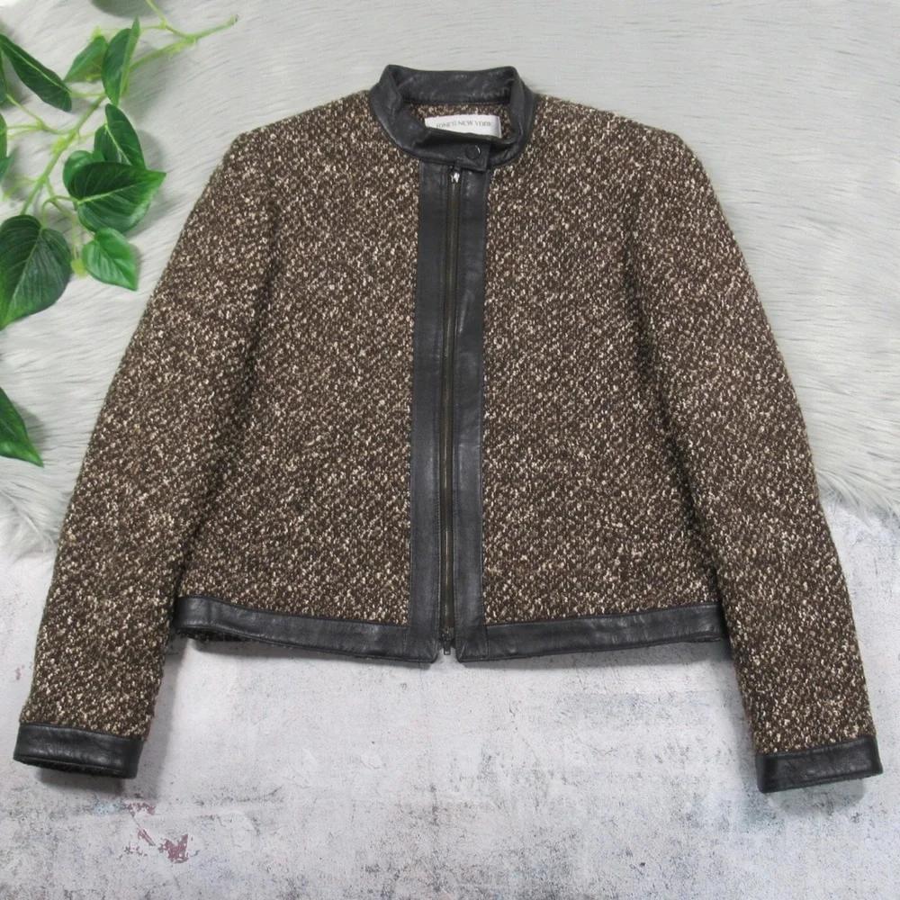 JONES NEW YORK Brown Vintage Leather & Tweed Zip Front Jacket Women’s Size 8
